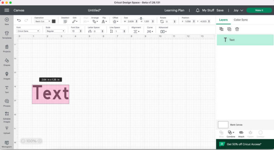 Text box in Cricut Design Space