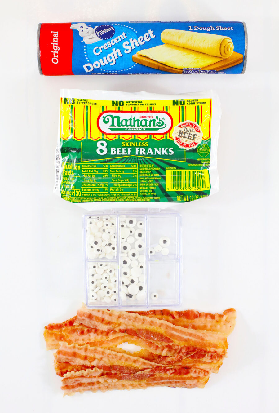 Air Fryer Mummy Dogs ingredients crescent dough sheets, Nathans Hot dogs, bacon, candy eyes