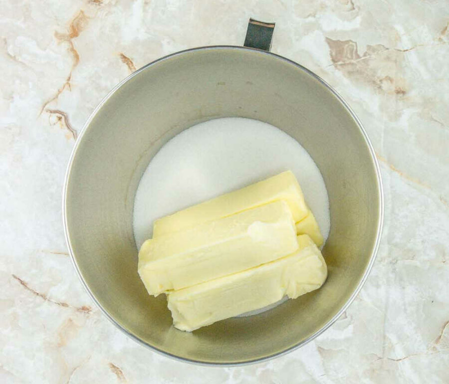 butter and sugar in a mixing bowl