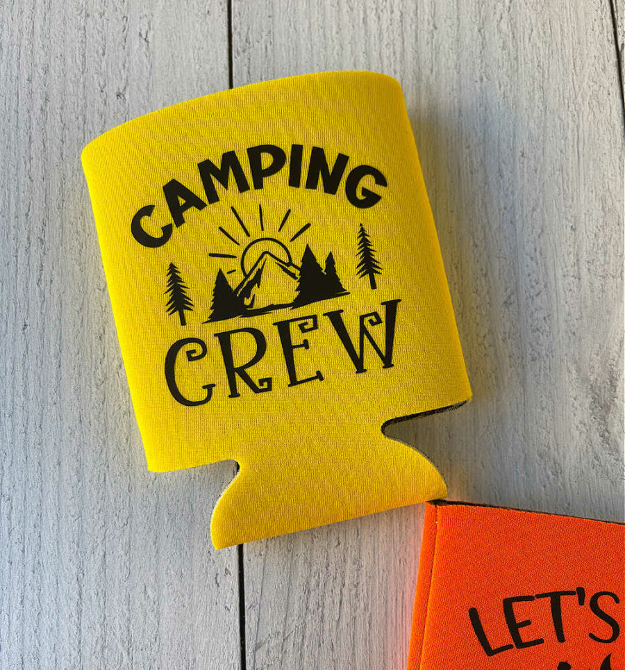 Yellow camping crew can koozie