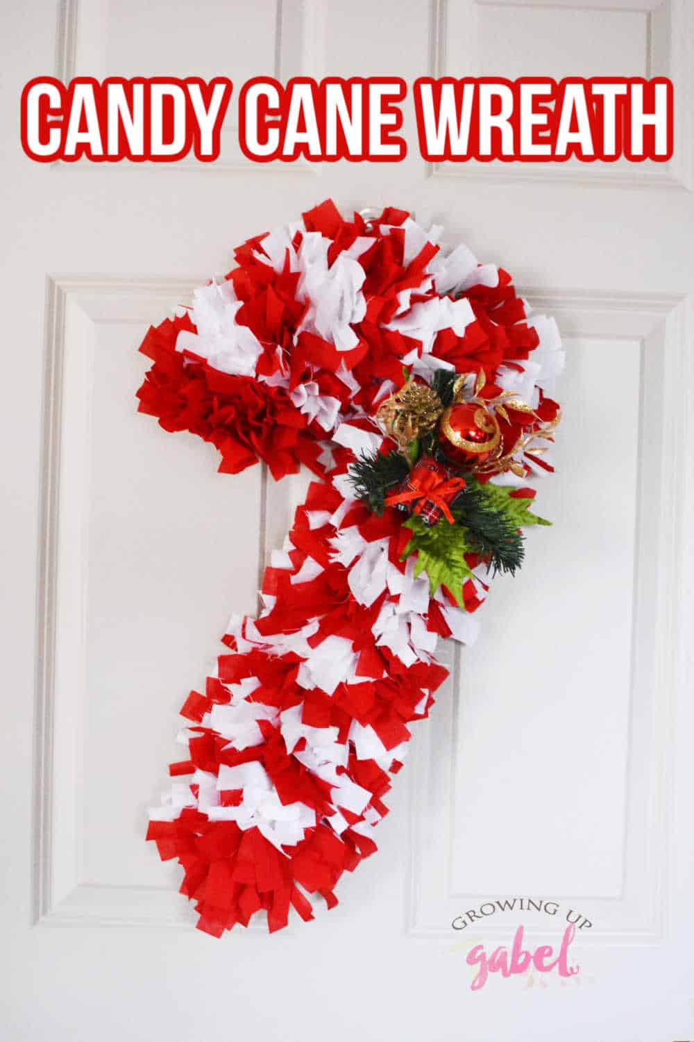 Make a candy cane wreath with fabric strips and a wire candy cane wreath form. Just cut and tie to create a festive holiday wreath.