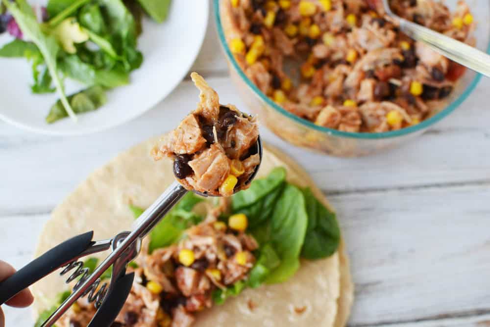 southwest chicken wrap filling in a scoop