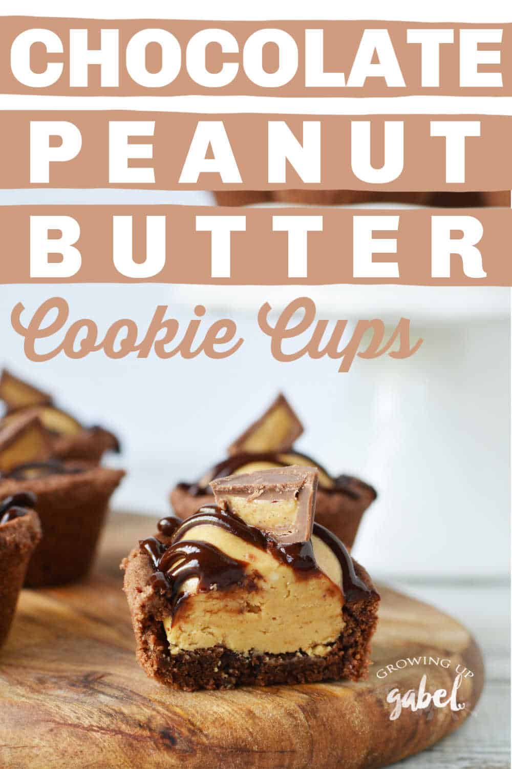 chocolate cookie cup with peanut butter filling cut open