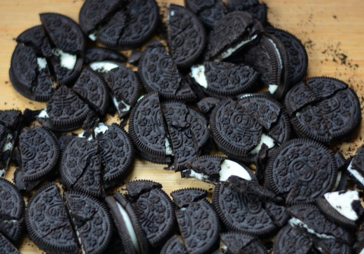 chopped oreo cookies ready to go on top of homemade cookies and cream fudge