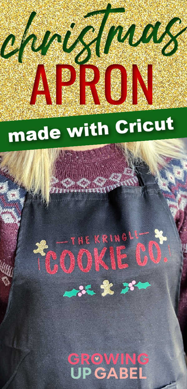 Turn a plain black apron into a Christmas apron worthy of Mrs. Kringle using a Cricut cutting machine, iron-on vinyl, and a Cricut Easy Press 2.