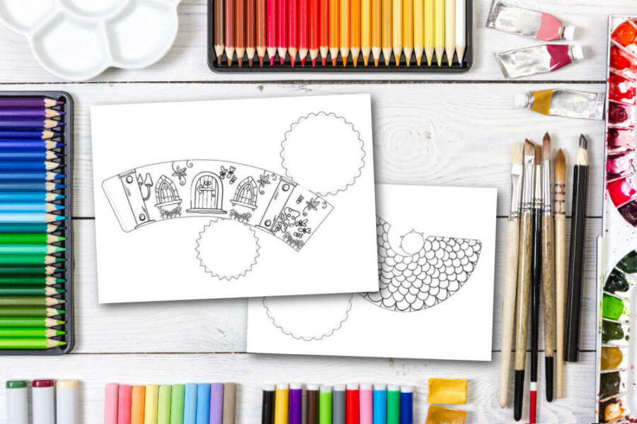 Elf house printable sheets with coloring supplies