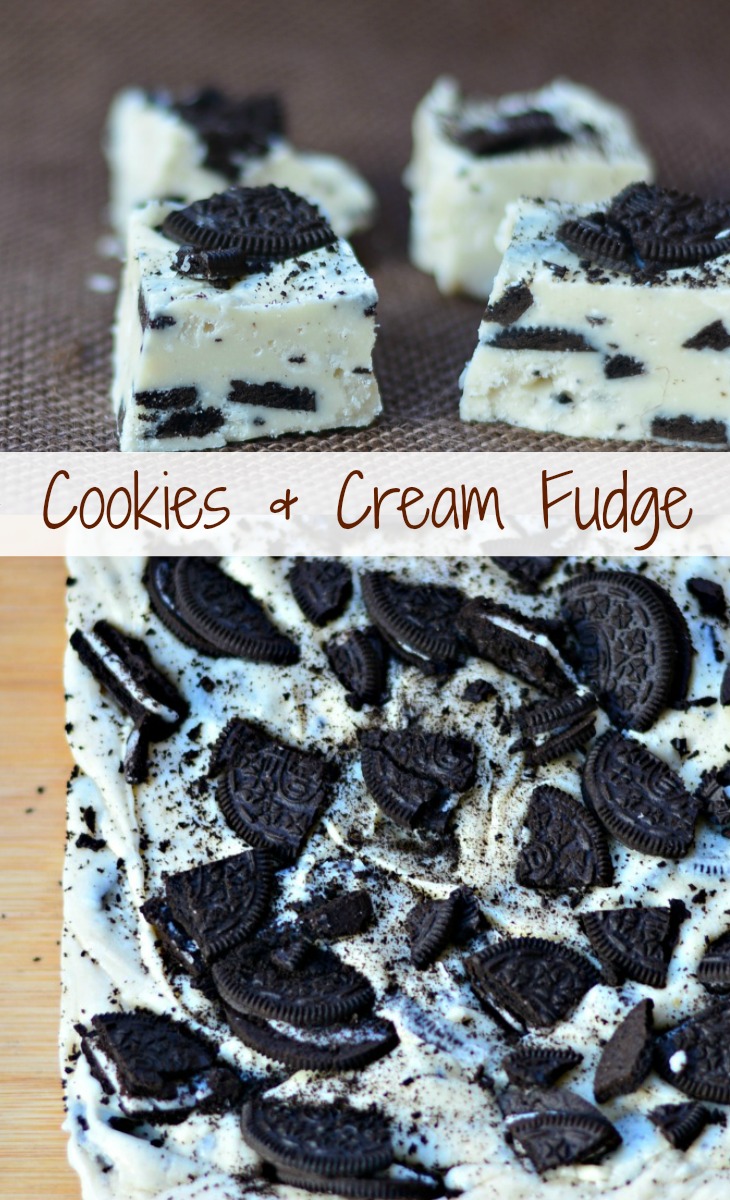 Cookies and Cream Fudge prepared and shown cut into pieces as well as whole batch sitting on a cutting board