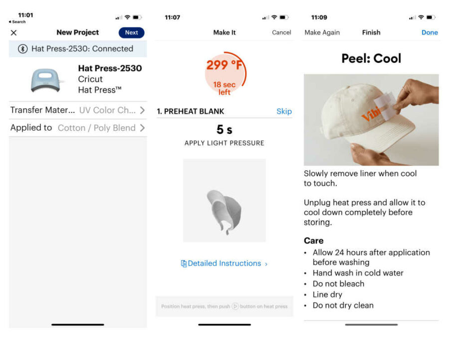 Screenshots from the Cricut Heat press app