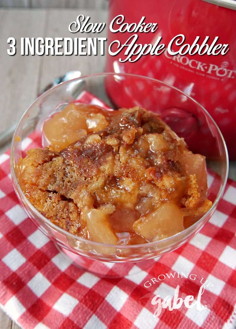 A serving of apple cobbler with a red Crock Pot behind it and a checkered towel underneath. 