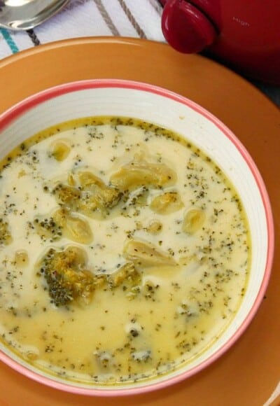 Broccoli and cheese soup made in a Crock Pot with fresh broccoli and real cheese.