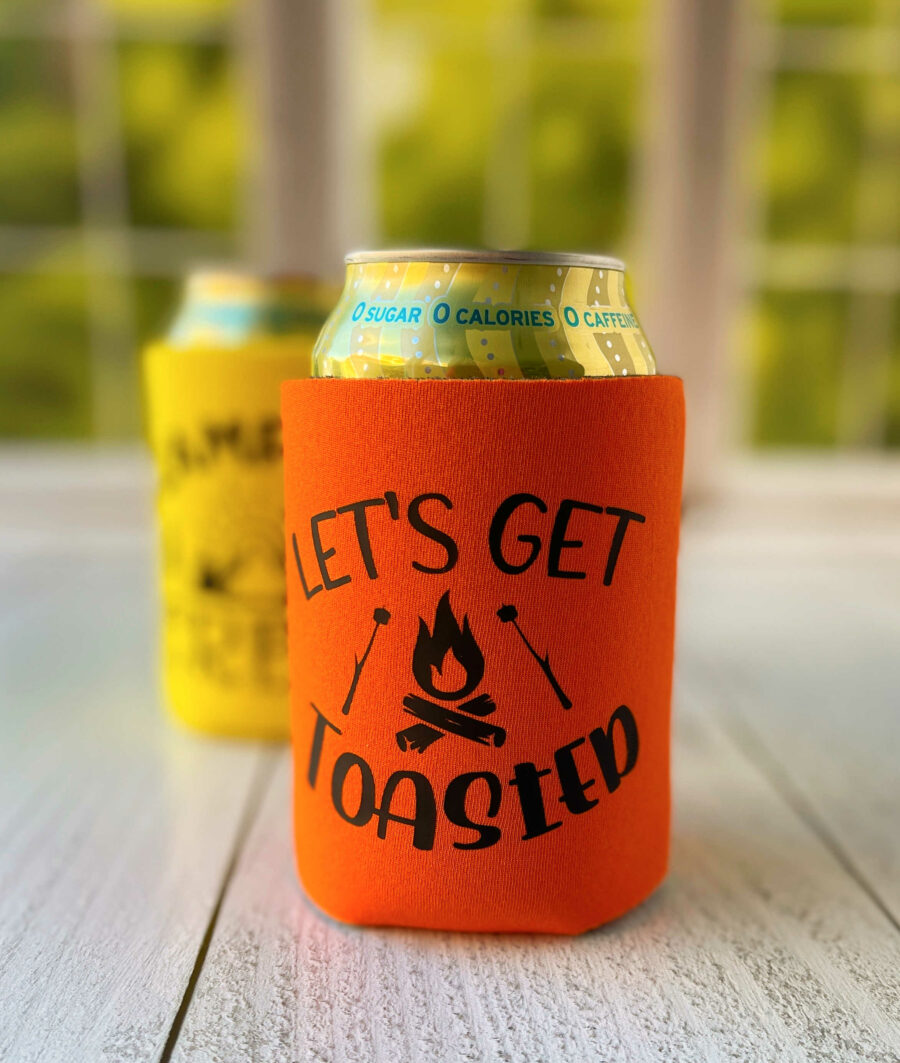 Orange camping can koozie