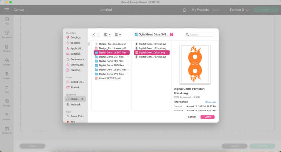 Uploading pumpkin to Design Space