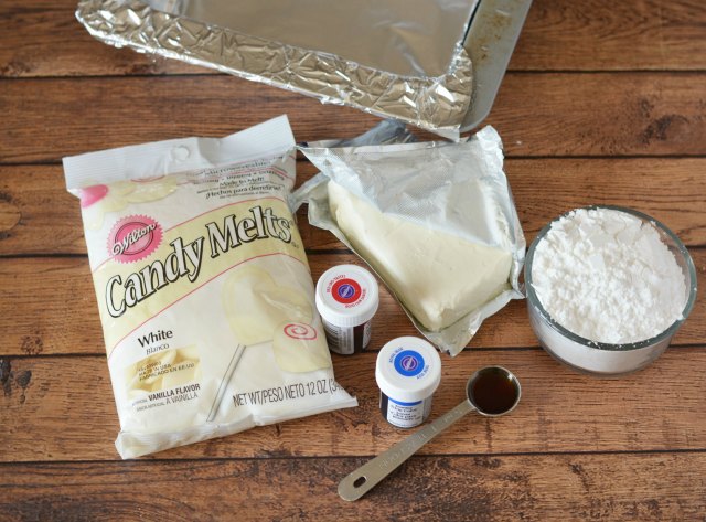 candy melts, powdered sugar, cream cheese, vanilla extract and coloring gels 