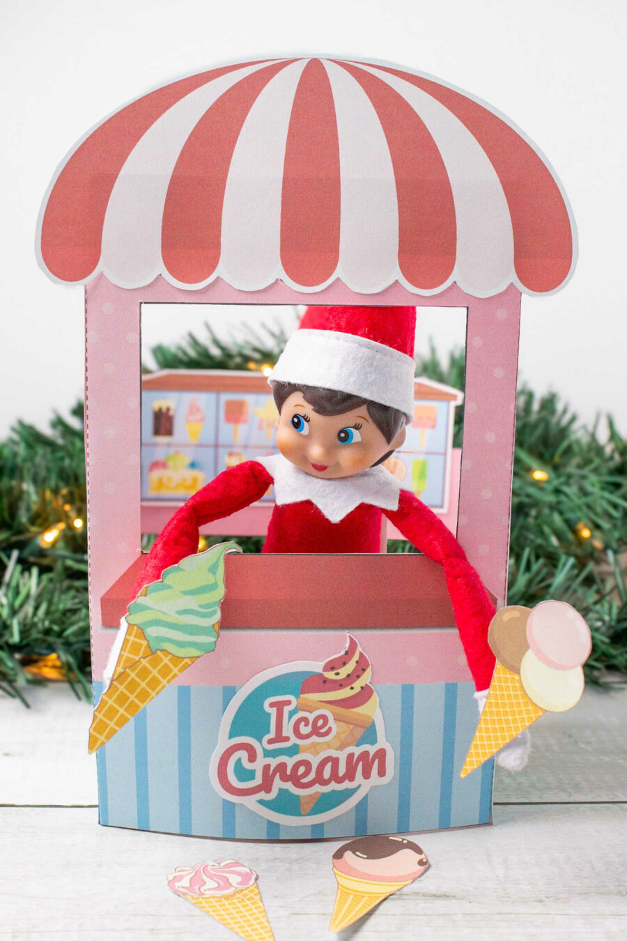 An elf inside a printable elf ice cream shop