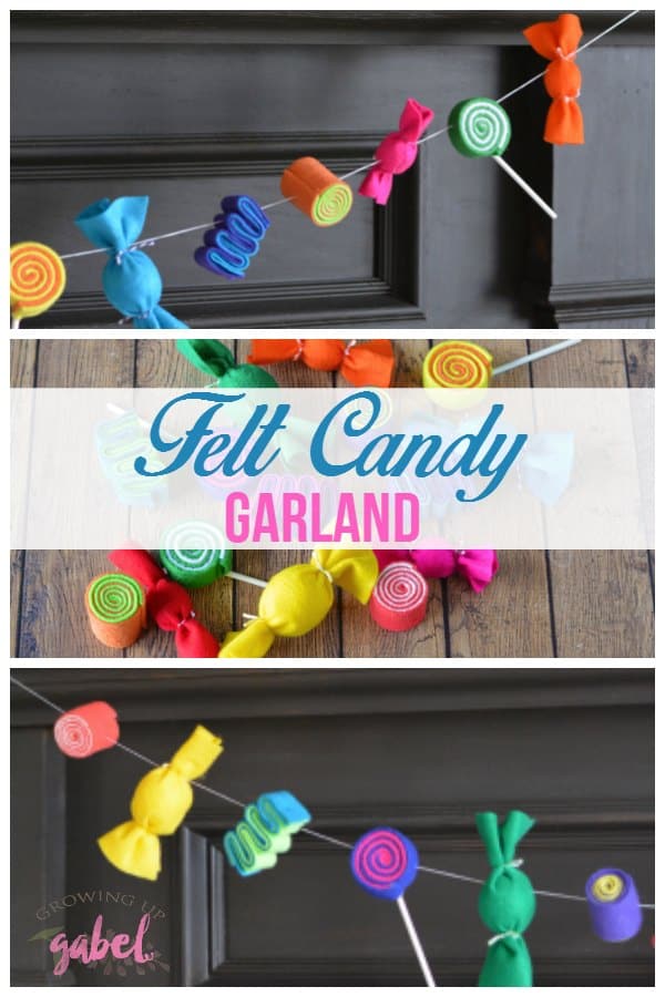 A fun DIY candy garland made with colorful felt. Perfect for Christmas, Sweet 16, Valentine's Day or any sweet occasion. Hang with string.