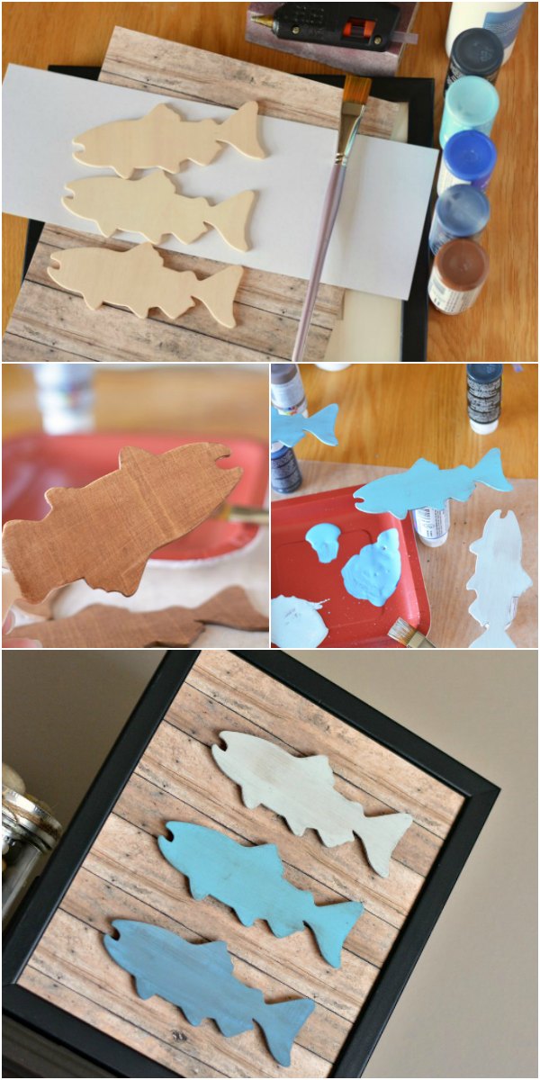 Make this DIY Father's Day fishing craft as a gift for the fisherman in your life! This rustic frame look is created using wooden fish and faux wood craft paper and is great for kids to help make. 