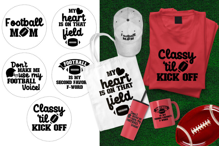 Football mom svg bundle on shirt, tote bag, and cups