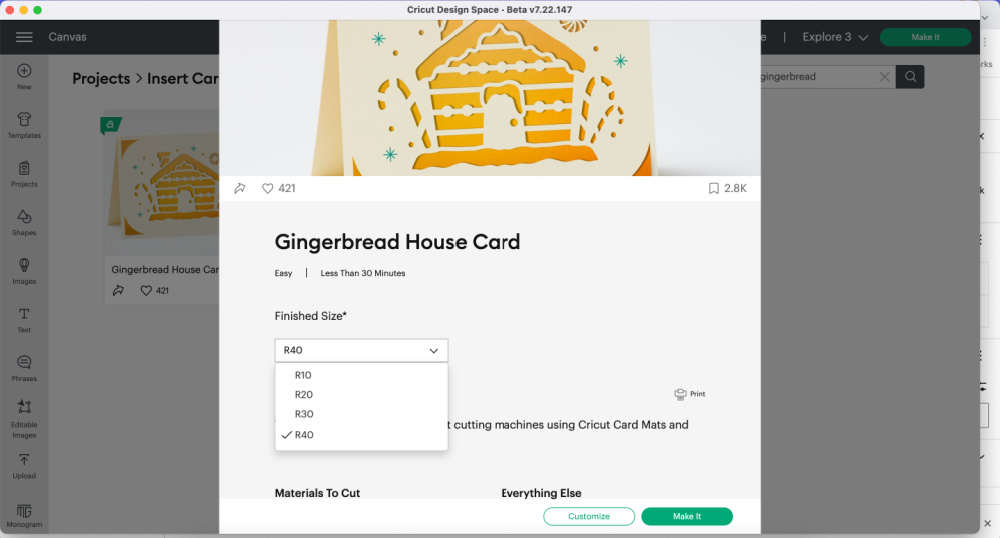 Cricut Christmas Card sizes options in Design Space