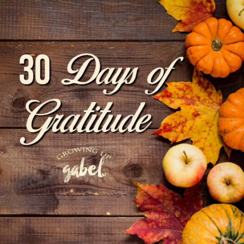 30 days of gratitude on wood table with fall leaves and pumpkins and apples