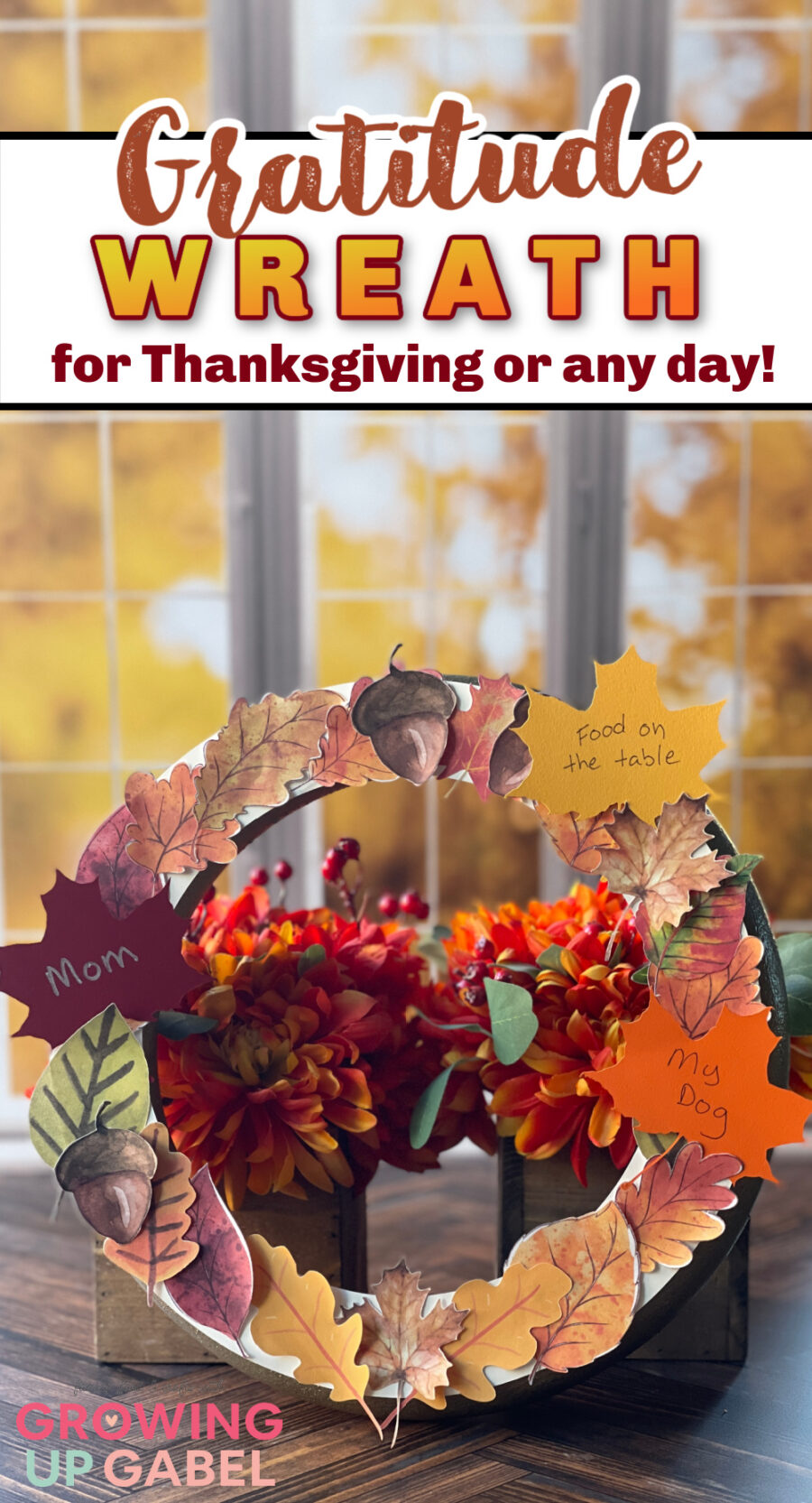 Gratitude wreath in front of window