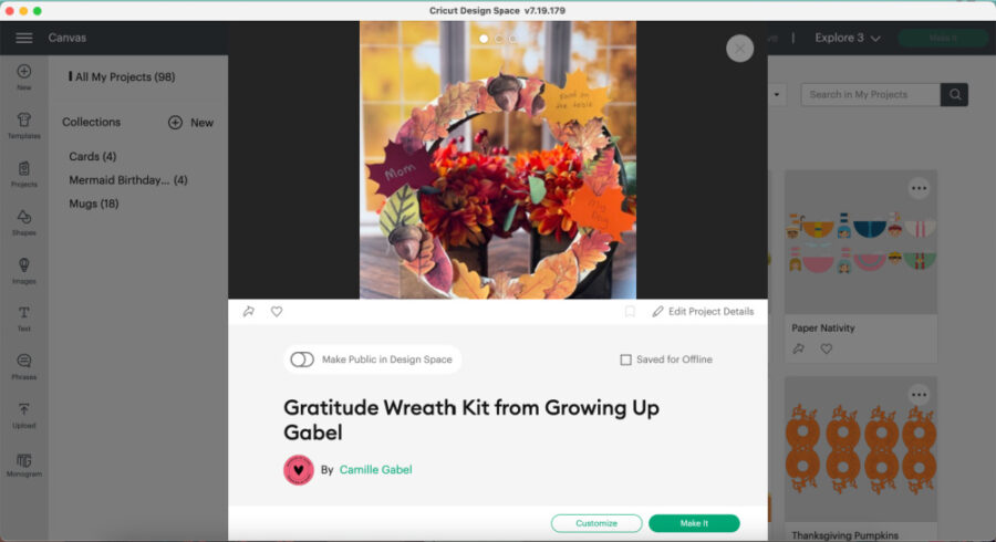 Gratitude wreath kit screenshot in Design Space