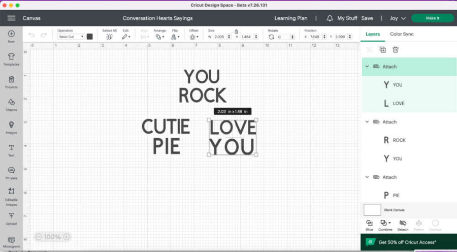Heart sayings in Cricut Design Spce