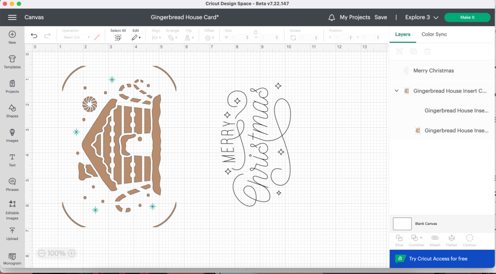 Gingerbread House Card with greeting in Design Space