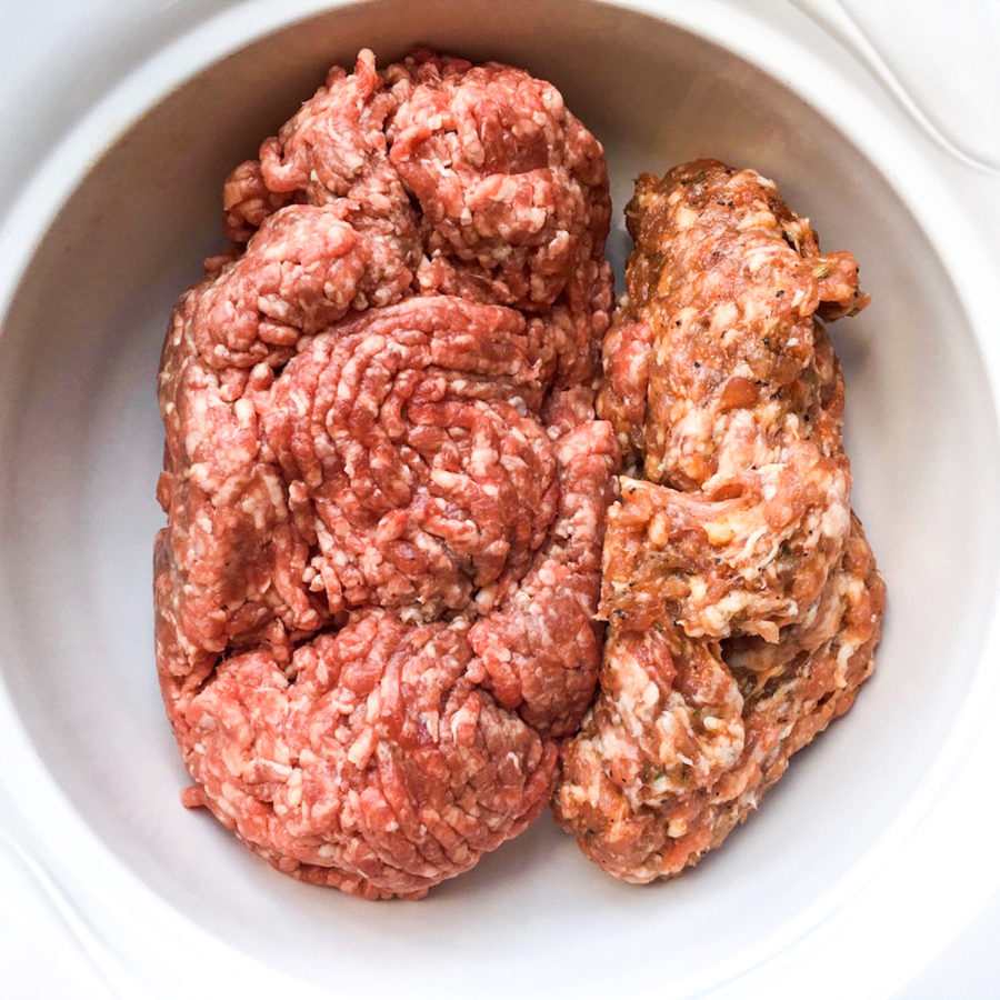 Ground beef and ground sausage in a bowl