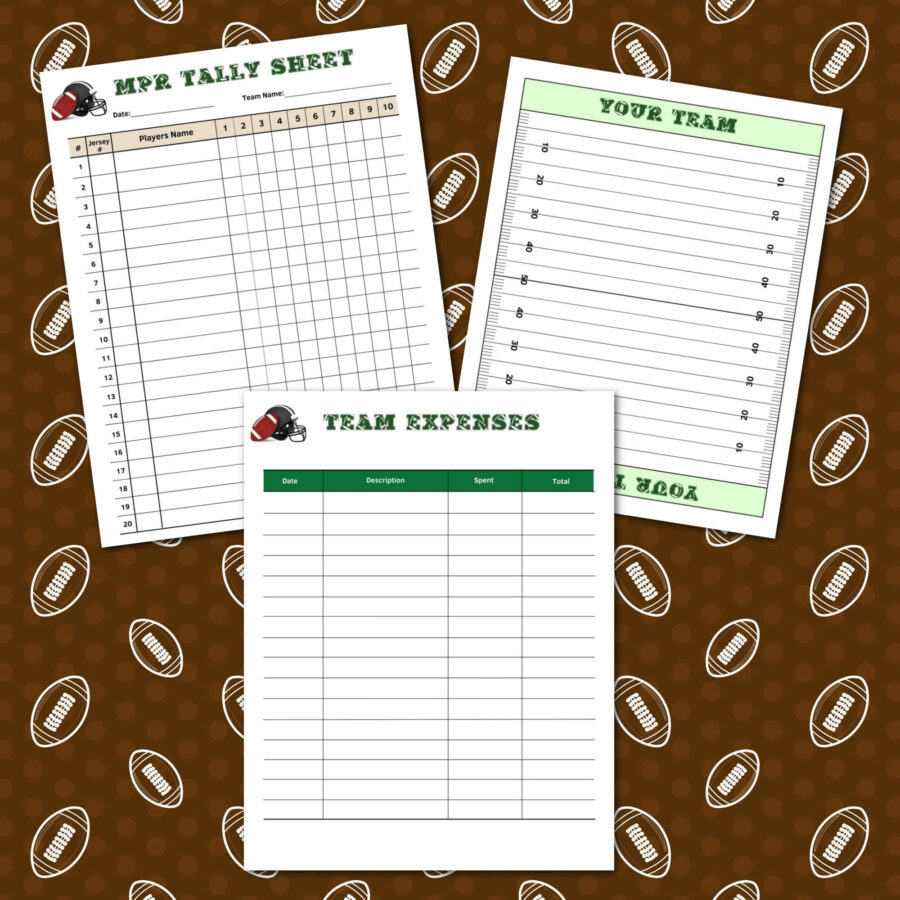 Team expenses, Football field, and MPR Tally sheet Football planner sheets