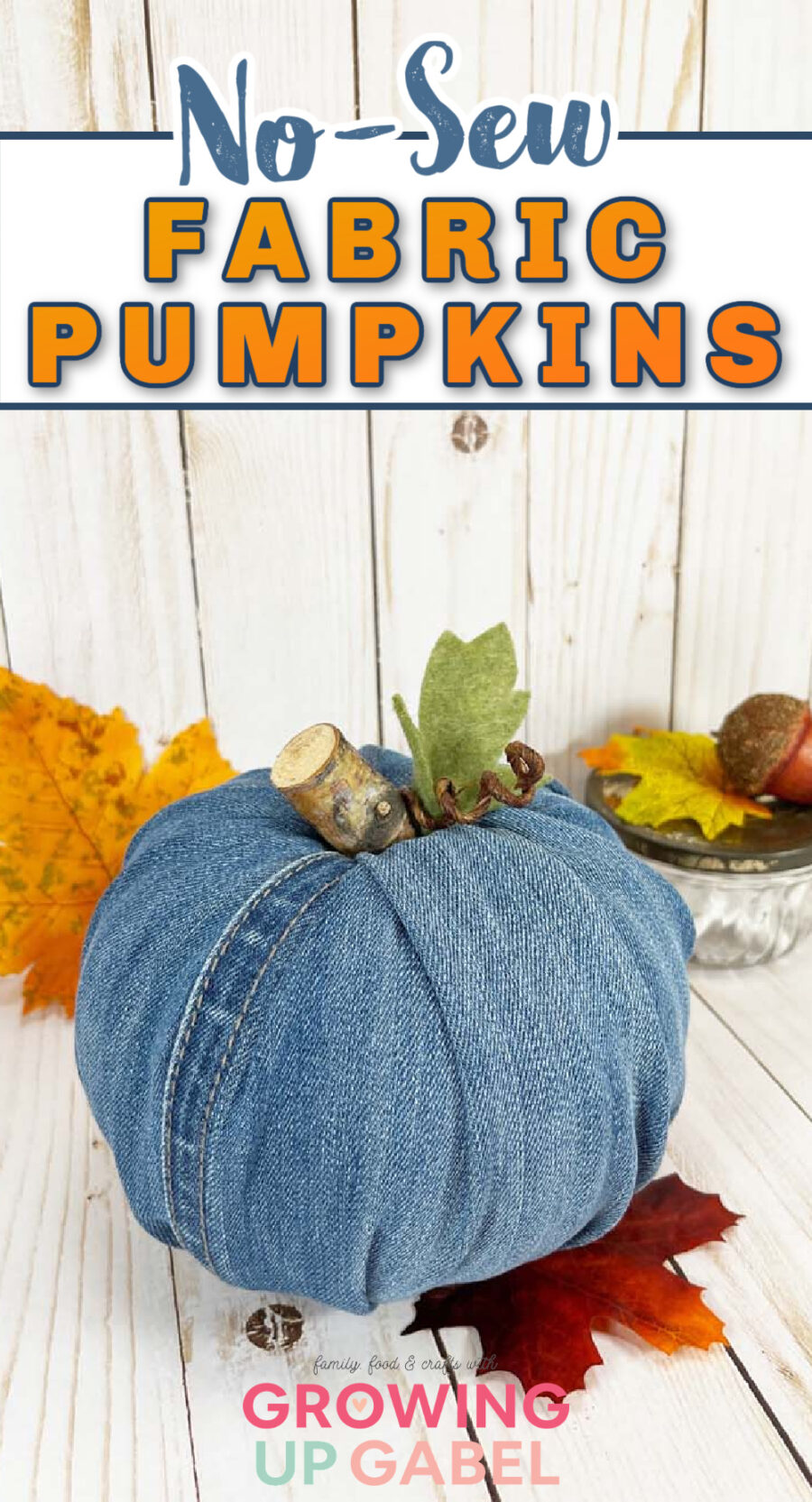 No sew fabric pumpkin made with upcycled jeans
