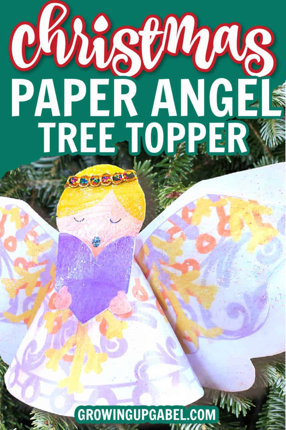 Make a paper angel tree topper for your Christmas tree using a free printable, staples, and glue. paper angel tree topper