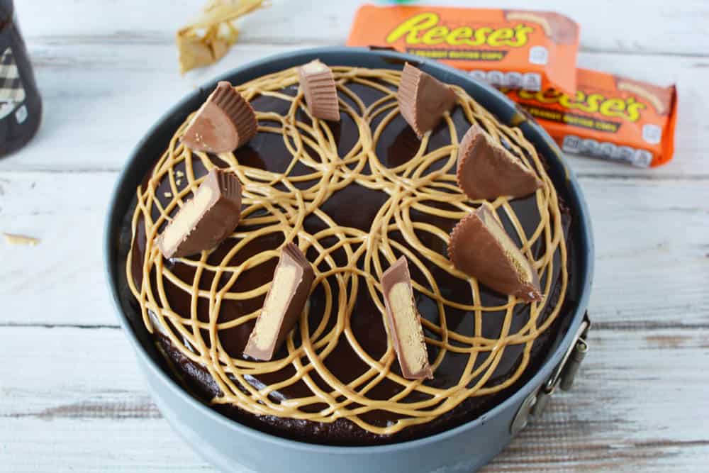Ice cream cake with fudge, peanut butter and peanut butter cup candy on top