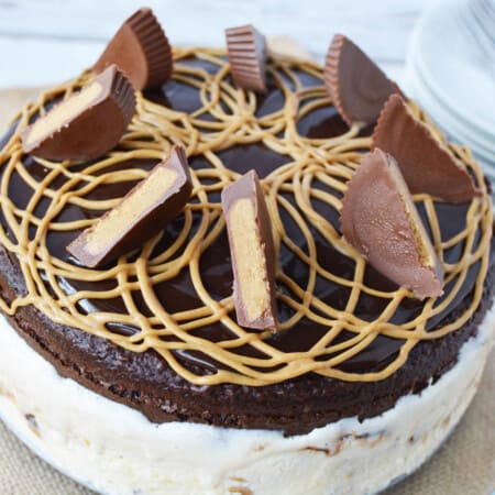 Chocolate peanut butter ice cream cake with peanut butter cups on top