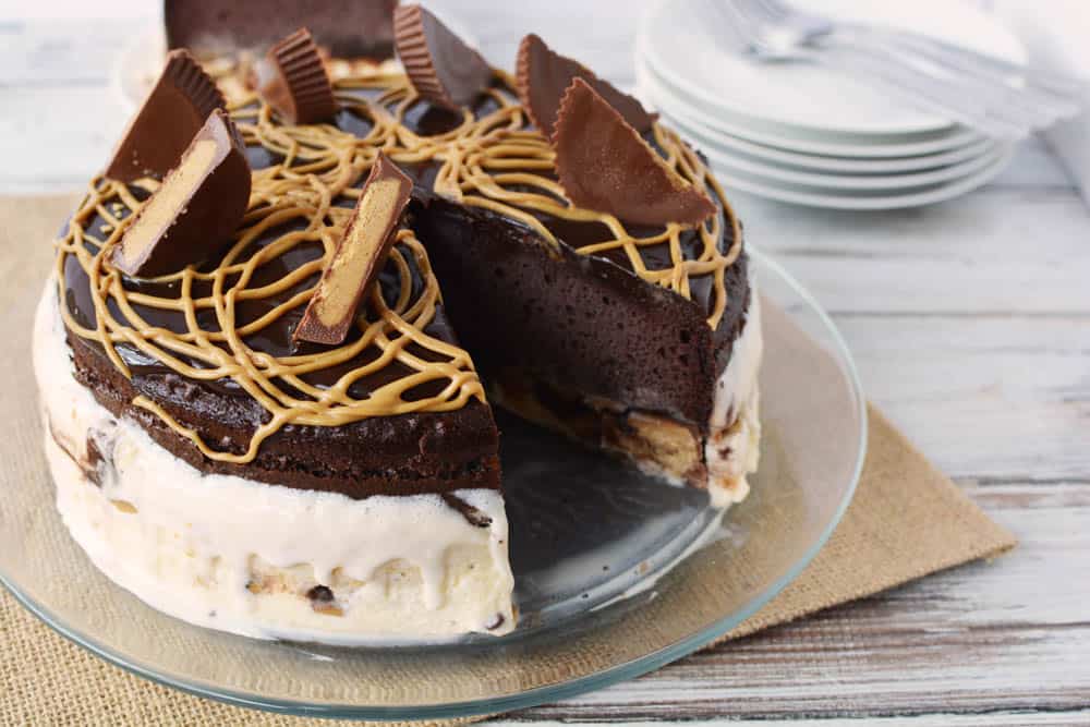 Ice cream cake with a slice cut out