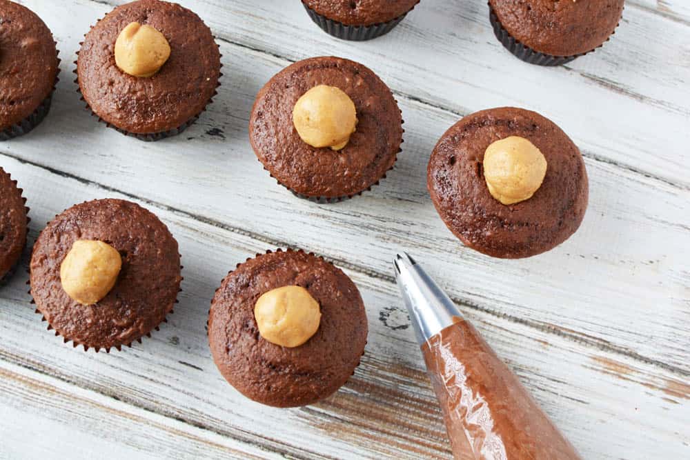 Chocolate cupcakes filled with peanut butter with a icing bag with chocolate frosting