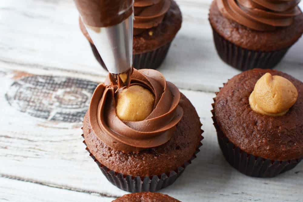piping chocolate frosting on to a cupcake