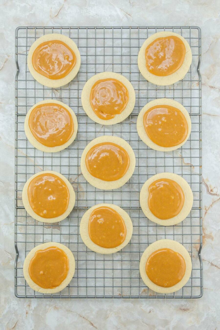 Baked cookies with caramel sauce on top