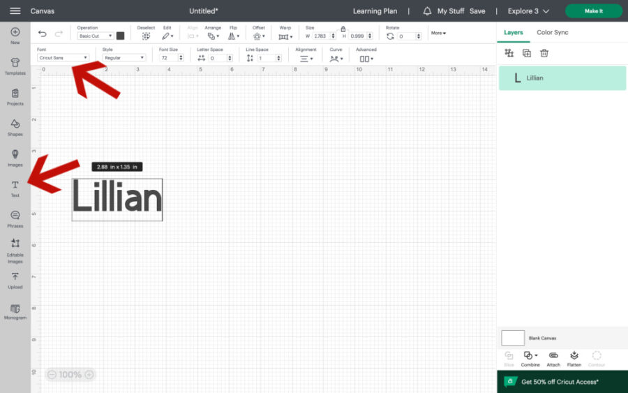 Adding a text box in Design Space