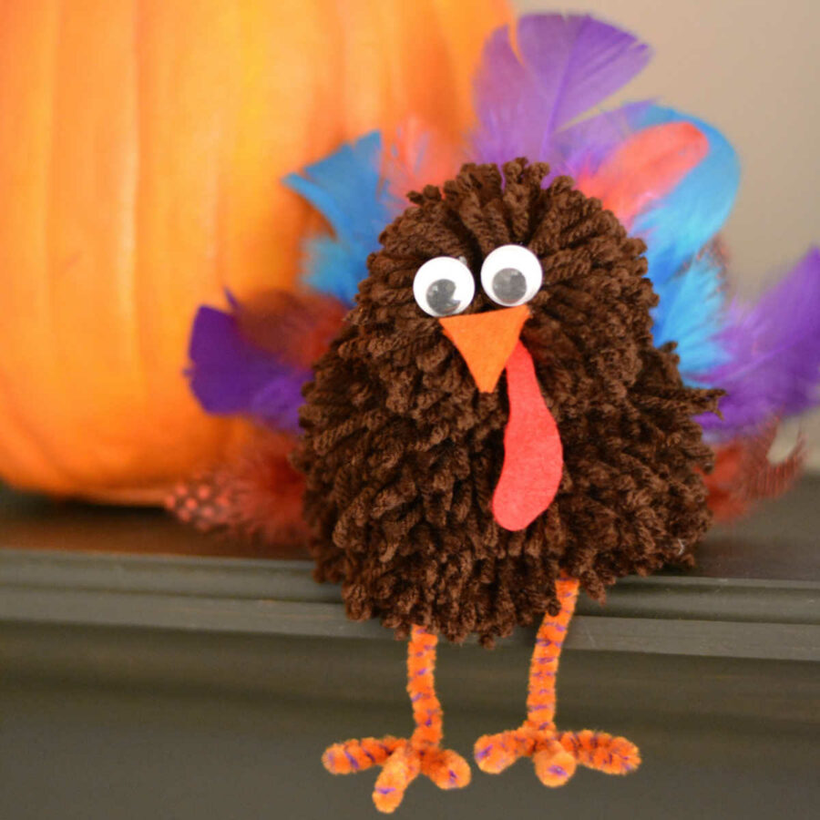 Pom Pom turkey craft sitting on a shelf