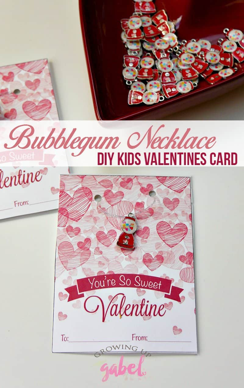 Easy DIY kids Valentines cards to make for school include a cute handmade bubblegum necklace on a printable card. No candy needed!