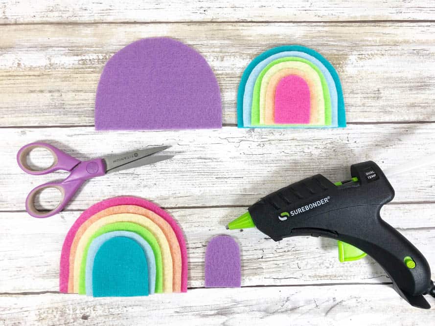 hot gluing a felt rainbow together