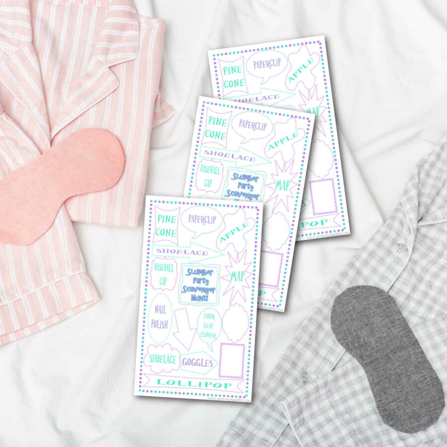 3 sleepover scavenger hunt lists on a sheet with pajamas