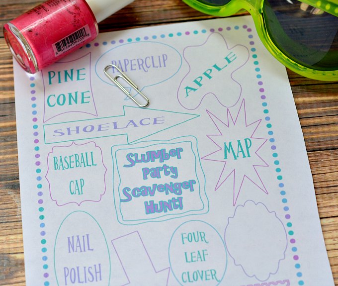 Slumber Party Scavenger Hunt Printable printed out on table