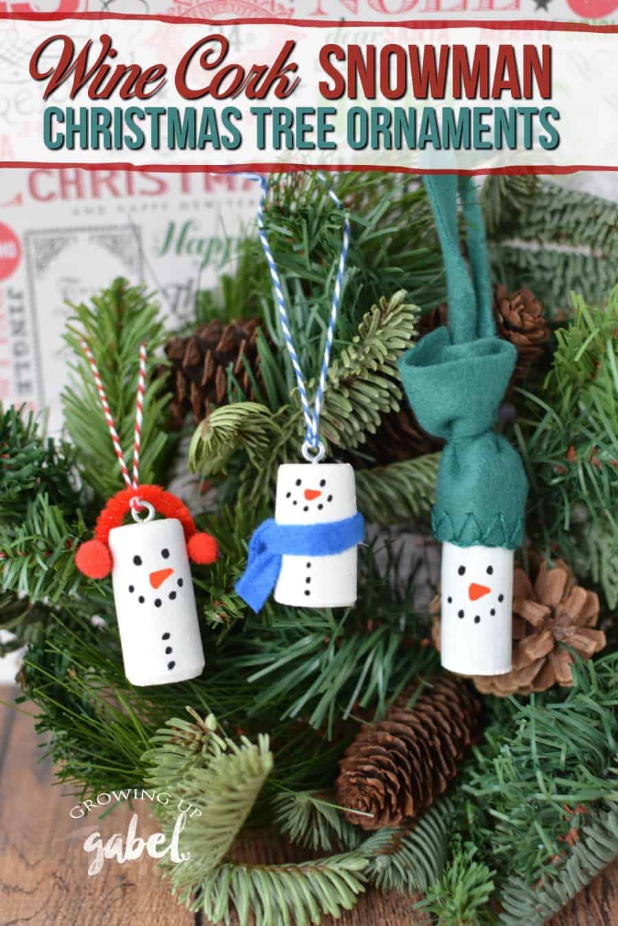 Make DIY wine cork snowman Christmas tree ornaments using old wine corks! Three variations on these cute wine cork Christmas ornaments! Great for kids to make for family and friends! #snowman #ChristmasOrnaments 