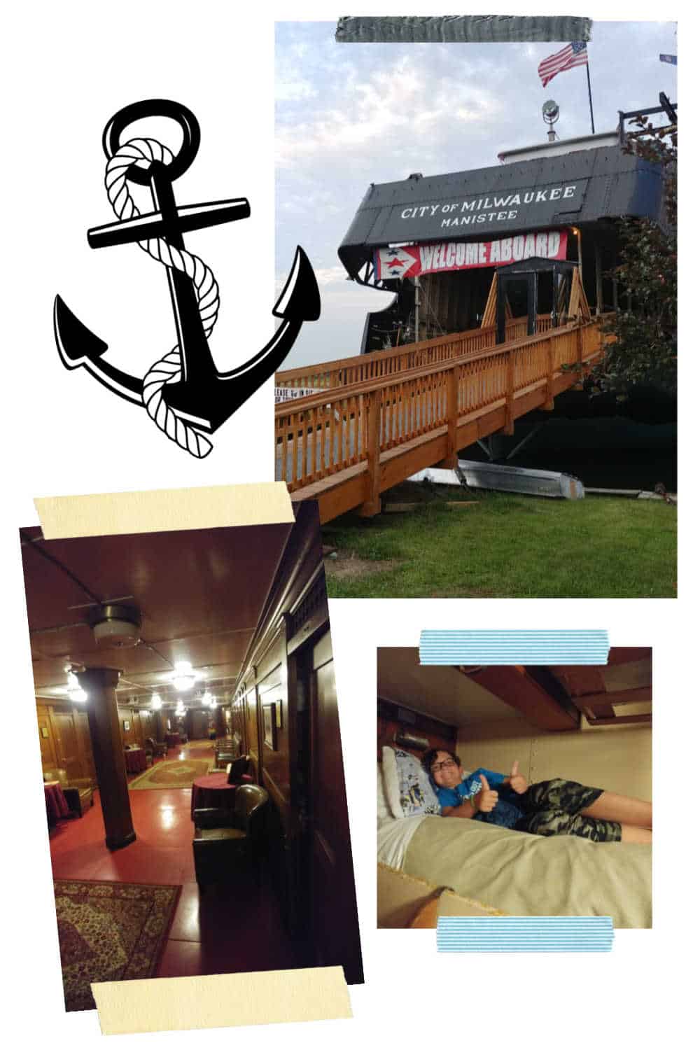 Picture collage of the fun hotel SS Milwaukee boatel in Manistee Michigan