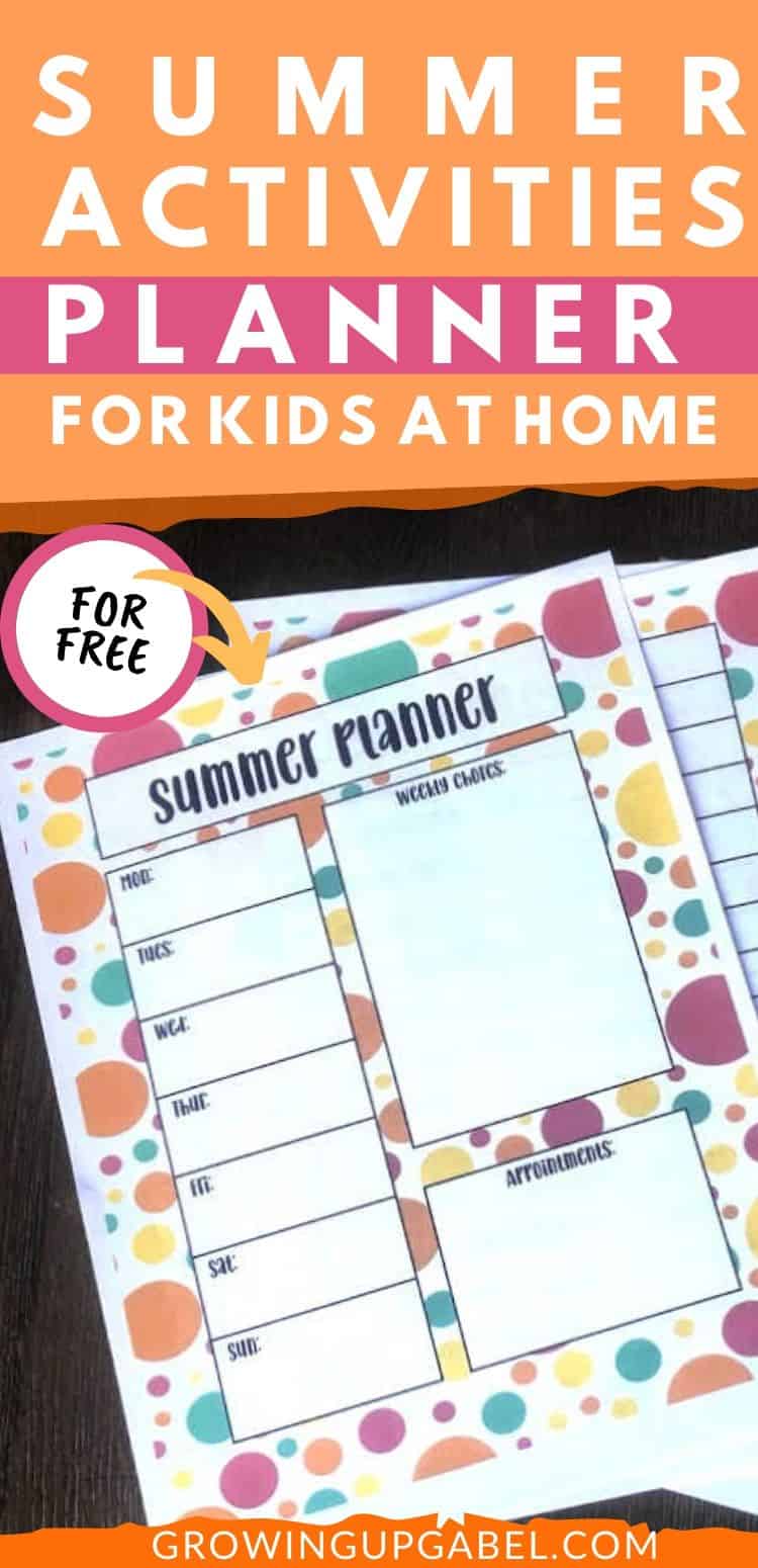 Plan summer activities for kids at home with this printable summer planner! The planner includes daily themes with suggested activities for each day of the week plus a summer chore chart to keep your home fun and organized all summer long. Summer Activities Planner for Kids at home pages