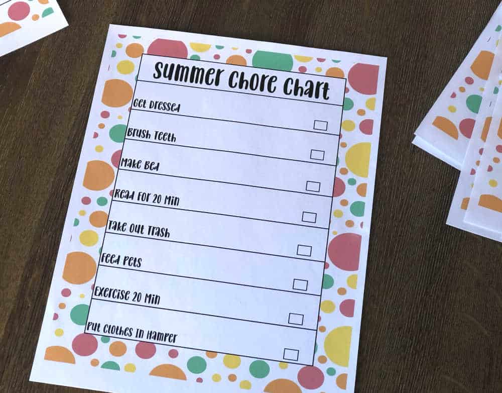 summer chore chart for kids with colorful polka dots