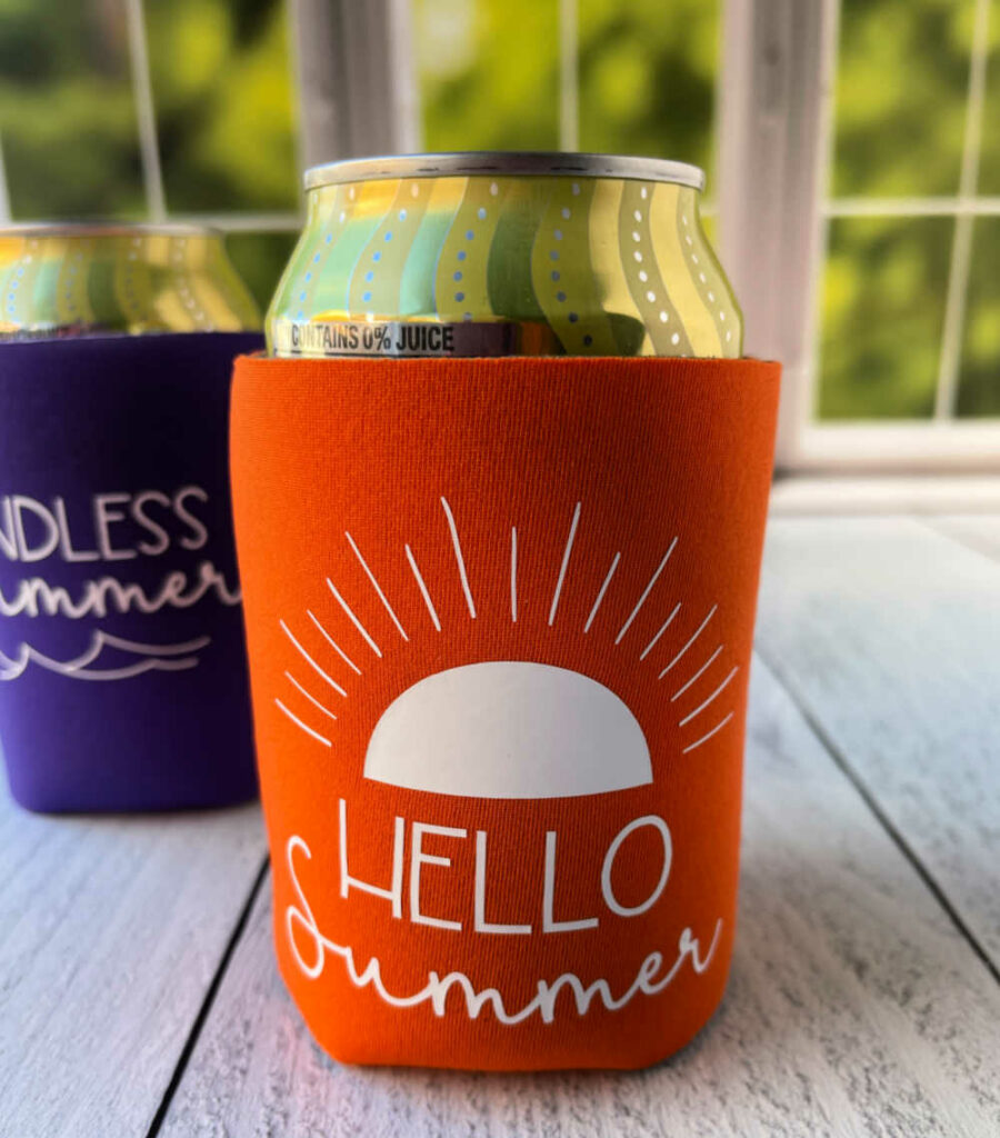 Hello summer orange can koozie on a can of water