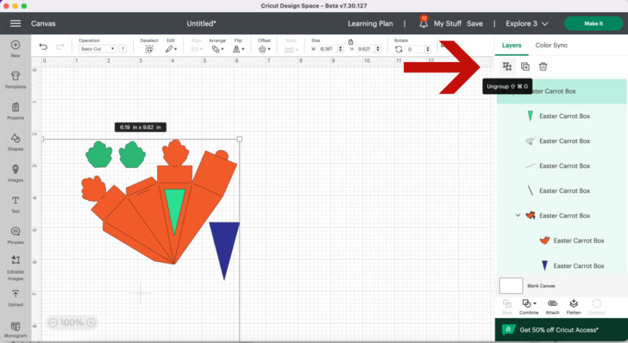 Ungroup layers of Carrot Box in Design Space