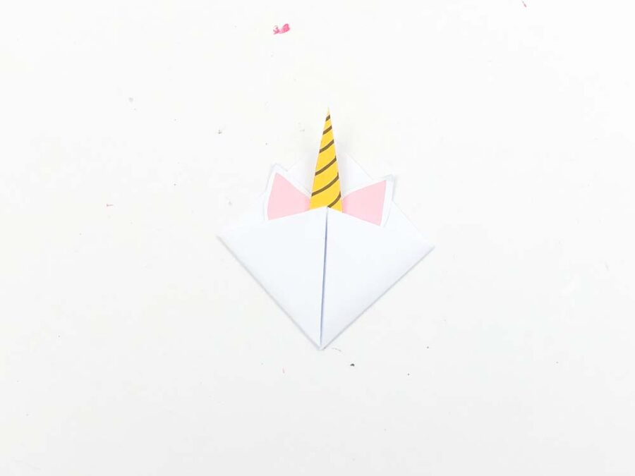 Unicorn bookmark with horn and ears glued on